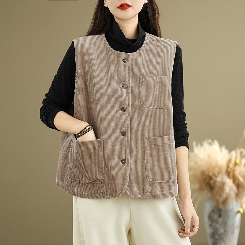 2025 Autumn New Round Neck Versatile Vest Vest Retro Commuting Loose Casual Waistoutwear Top Tops