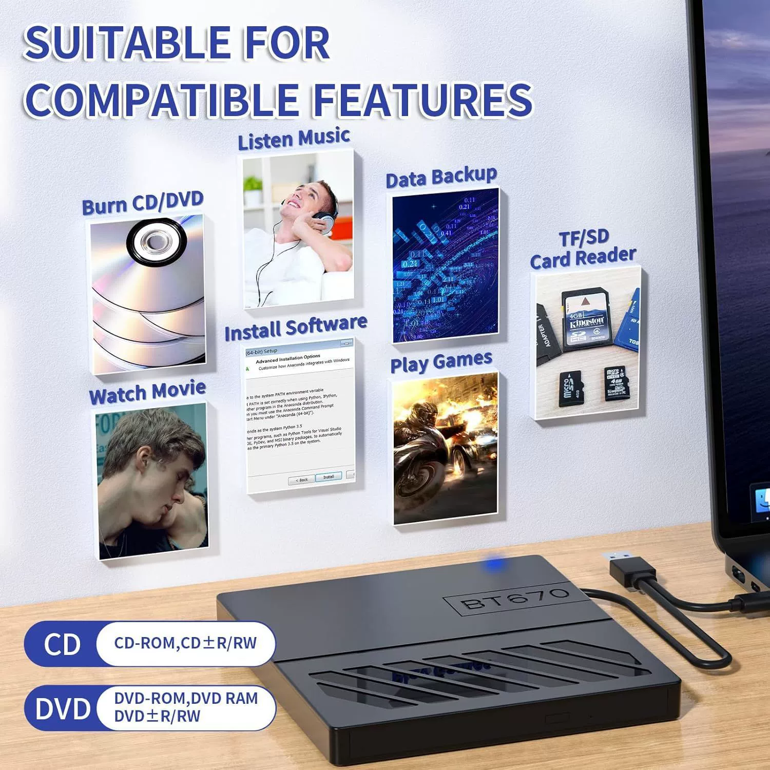 External ultra-thin recorder desktop laptop external optical drive card 7-in-1 multi-function dvd recorder