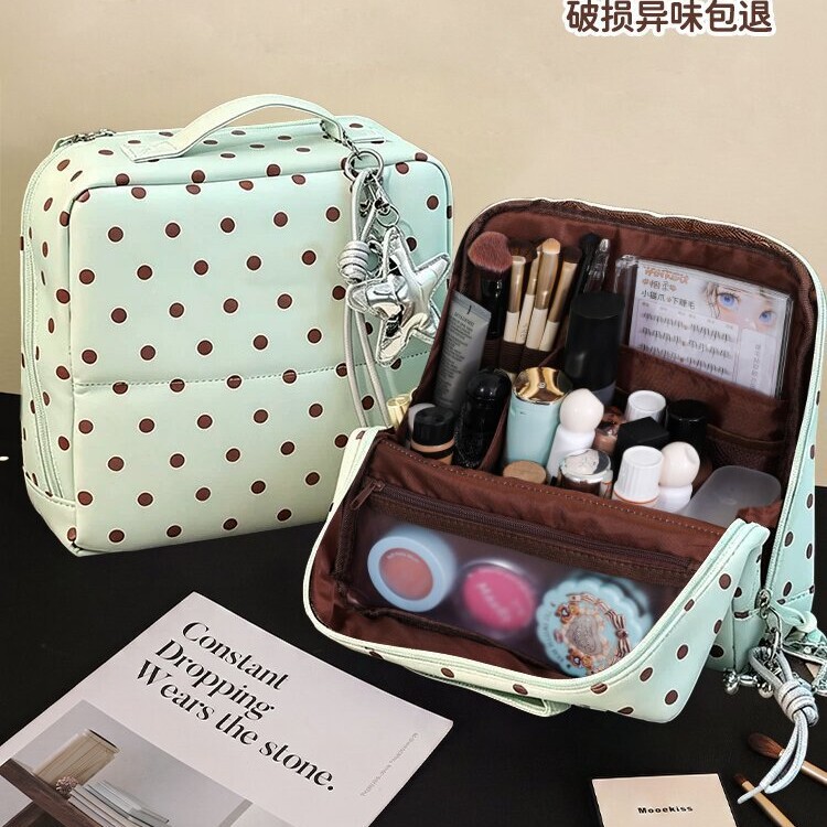 Polka Dot Stand-Up Handheld Makeup Bag for Women, Large Capacity, Hangable on Luggage, Portable Travel Cosmetic Storage Bag Polka Dot Stand-Up Handheld Makeup Bag for Women, Large Capacity, Hangable on Luggage, Portable Travel Cosmetic Storage Bag