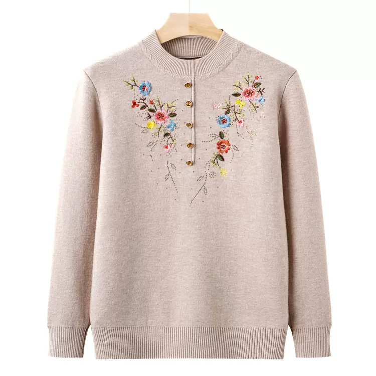 中老年女装秋冬新款毛衣打底衫奶奶装一体绒针织衫绣花洋气妈妈装