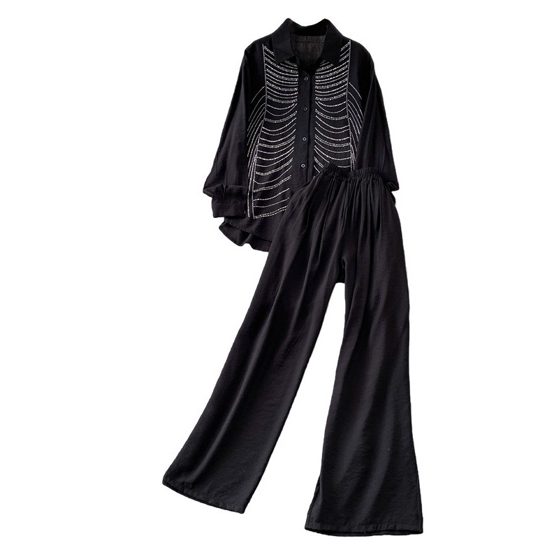 Completo da donna in stile francese composto da due pezzi: camicia a maniche lunghe con strass resistenti, protezione solare, pantaloni a gamba larga casual e snellenti, ideale per primavera e autunno._voghion.com