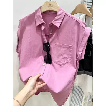 Cotton blue short sleeved shirt for women in summer 2023, new high-end polo neck loose sleeveless shirt top for women - ShopShipShake