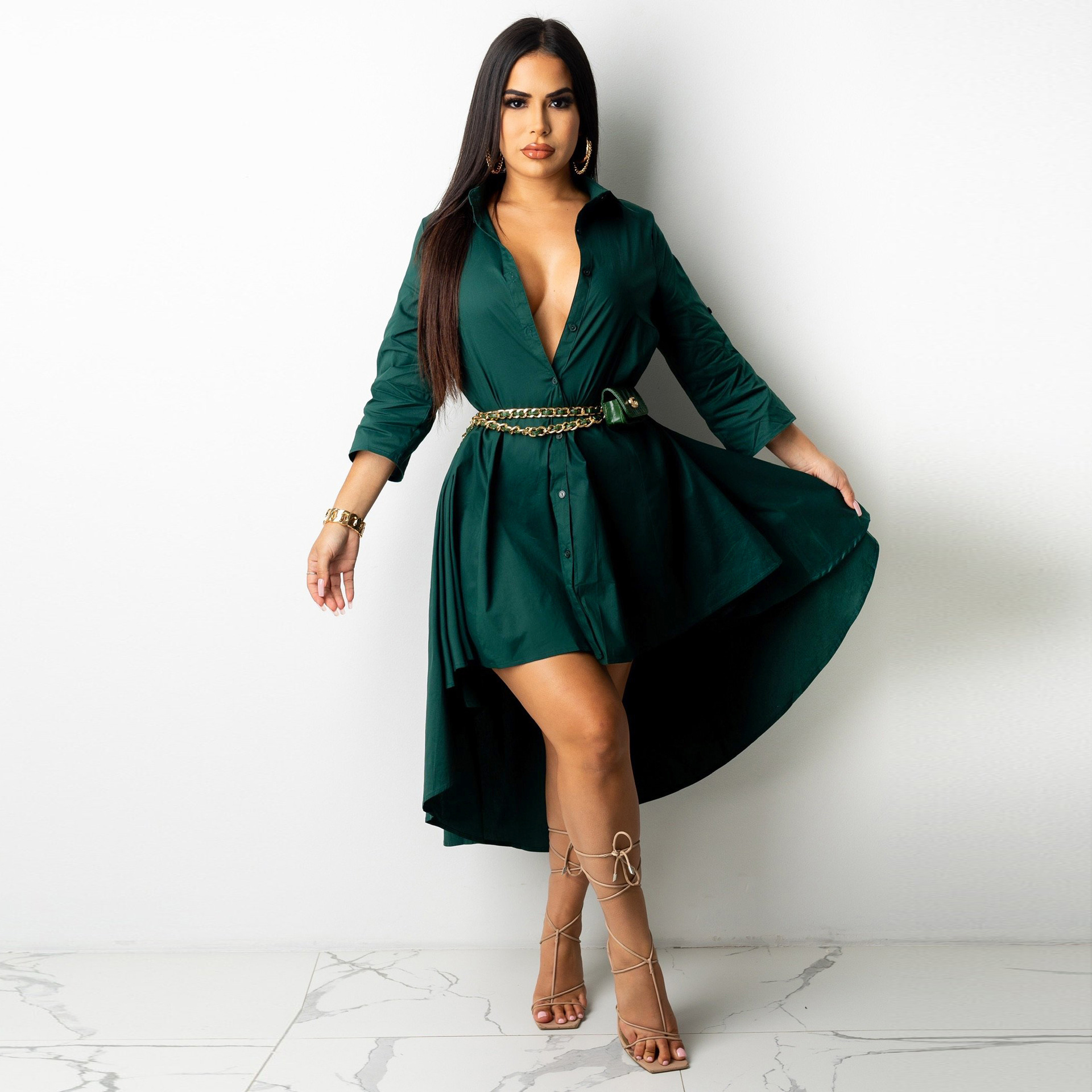Autumn Winter Irregular Asymmetric Half Sleeve Long Shirt Dress
