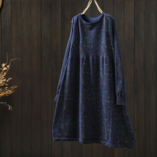 秋冬新款中长款文艺碎花针织连衣裙宽松大码复古线的毛衣裙83006