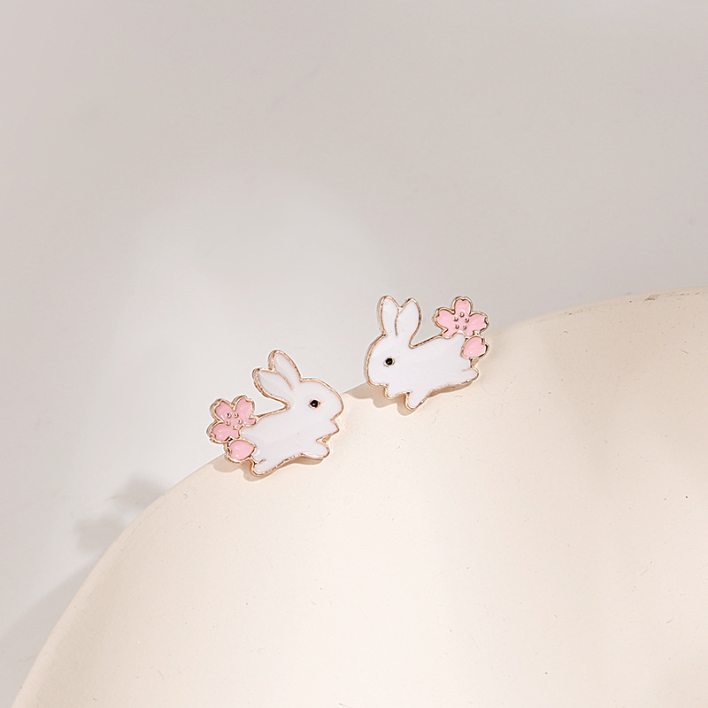 Simple Style Rabbit Flower Alloy Enamel Inlay Zircon Womenu0027S Ear Studs 1 Pair