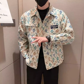 潮牌痞帅提花外套男春秋款高级感短款花色夹克衫翻领男装秋装上衣
