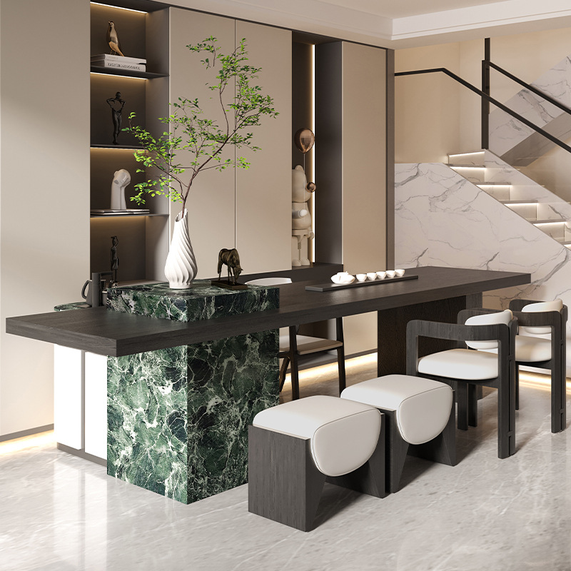 新中式实木茶桌椅组合轻奢现代简约岩板茶台茶室一桌五椅泡茶桌
