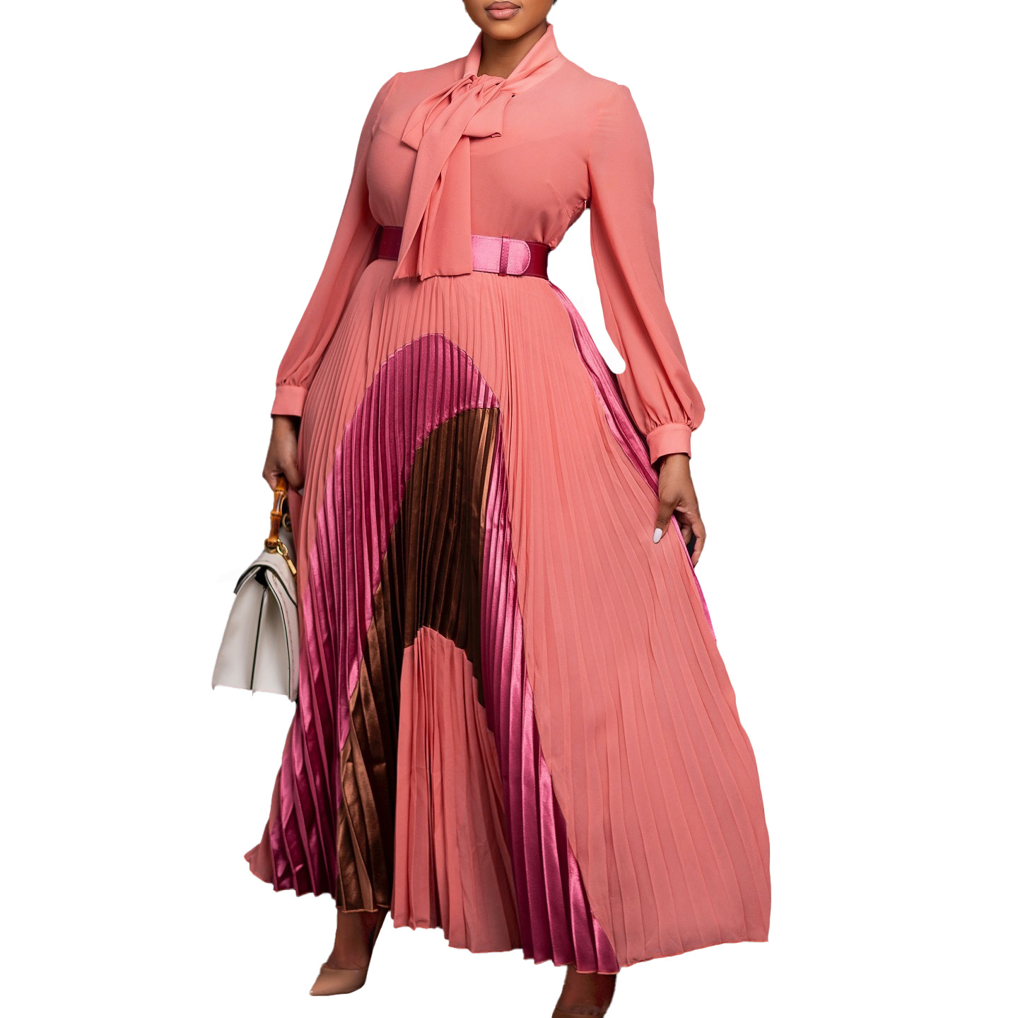 Shirt Collar Neckline Wholesale Women's Elegant Belt Color Block Cocktail Party Shirt Collar Long Sleeve Sheath Dress