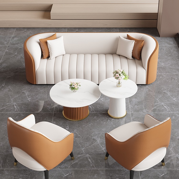Sofá simple y lujoso, mesa de té, hotel de ocio, recepción de ventas, mesa y silla, salón de belleza para invitados.