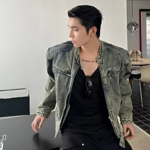 American Retro Washed Distressed Short Denim Jacket Trendy Brand European and American Street Shoulder Pad Jacket Men's Metal Label Jacket