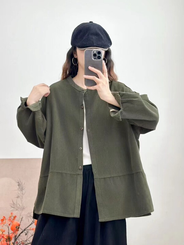 古咖服饰秋季新复古灯芯绒外套女立领单排扣拼接长袖宽松外搭上衣|undefined