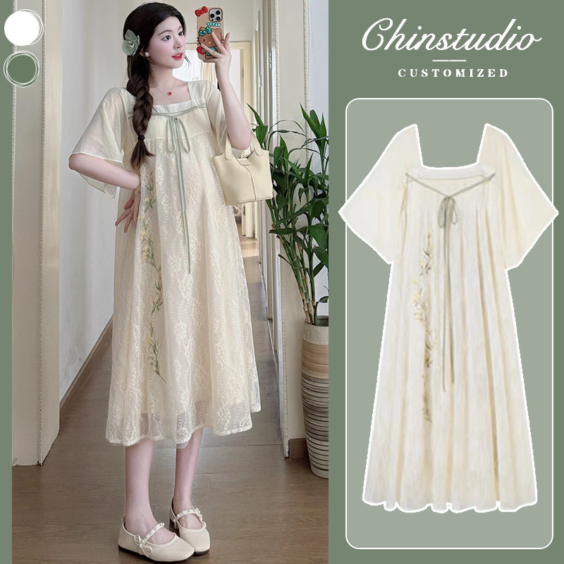 New Chinese Maternity Summer 2024 New dress Pregnant Mother Embroidered Summer Short-sleeved plus size Internet Celebrant Nightdress