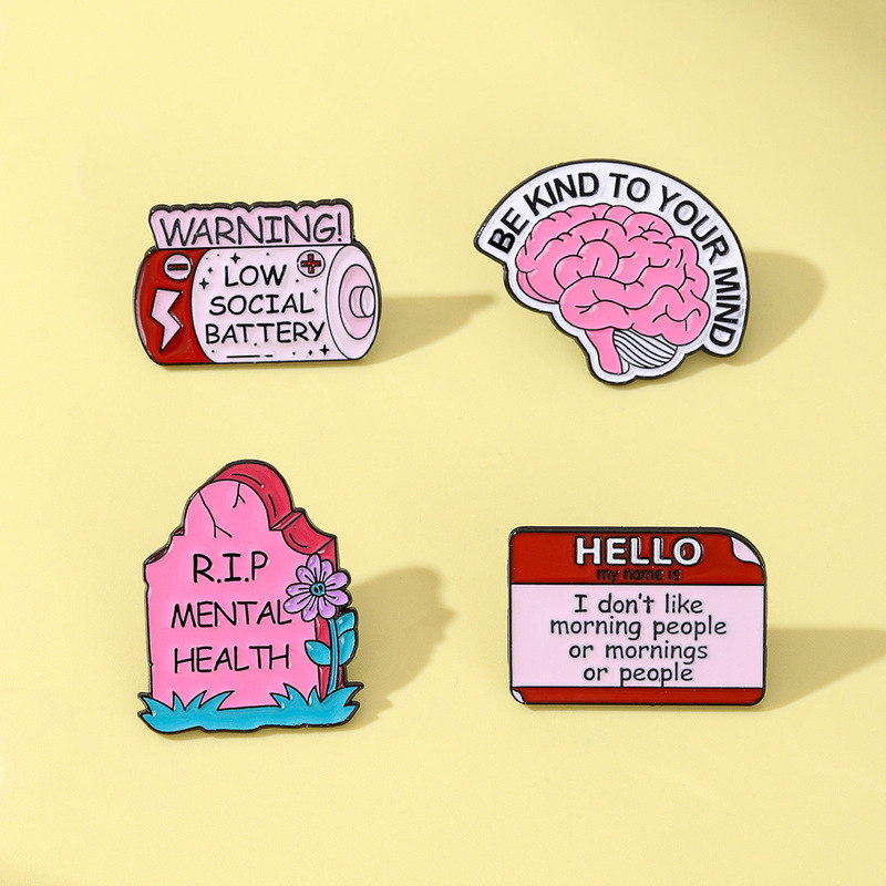 Cross-Border New Low Social Battery Brain Tombstone Metal Badge Mental Health Theme Creative Brooch Decoration Cross-Border New Low Social Battery Brain Tombstone Metal Badge Mental Health Theme Creative Brooch Decoration