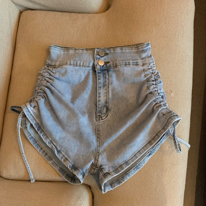 Double-button Elastic Design Pleated Drawstring Denim Shorts Women's Summer Thin High-waisted Slim All-match A-line Hot Pants