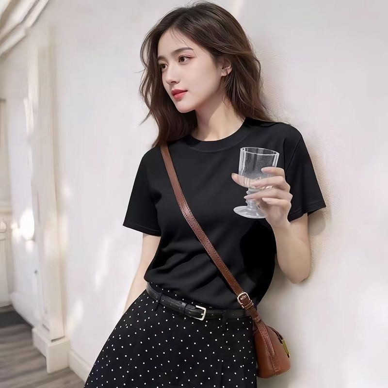 酒红色短袖t恤女夏季2025新款复古港风穿搭半袖正肩上衣|undefined