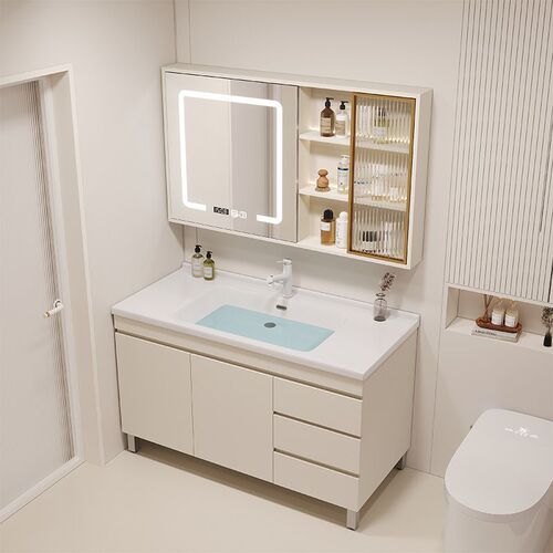 Simple and Smart Bathroom Cabinet Set with Sink and Wash Basin, Ceramic Integrated Basin, Wall-Mounted Bathroom Sink
