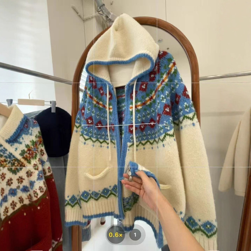 Loose Hooded Jacquard New Year Atmosphere Red Fair Isle Sweater Jacket for Women Autumn and Winter Lazy Style Knitted Cardigan