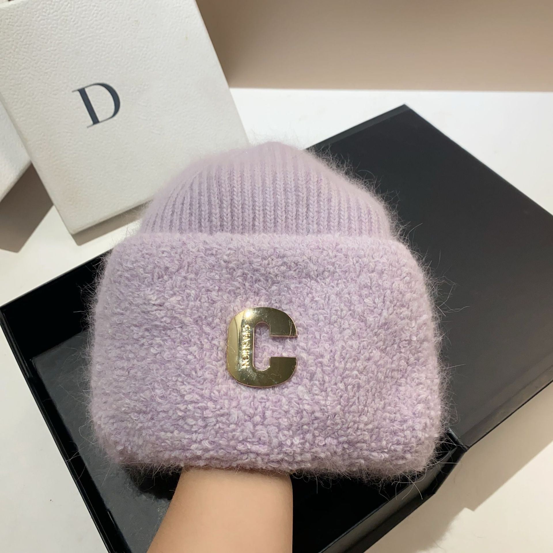 Originelles Design, neue, vergrößerte, verdickte Strickmütze aus Kaninchenhaar, C-Buchstabe, kalter Winter, warmer winddichter Gehörschutz im Freien_voghion.com