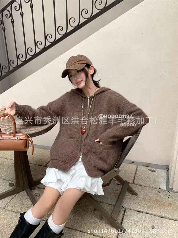 韩系纯色口袋连帽毛衣外套女秋冬新款慵懒风宽松百搭拉链针织开衫|undefined
