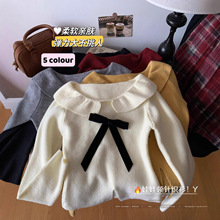 实拍韩国chic减龄荷叶边蝴蝶结针织衫秋冬款时尚百搭打底上衣女装