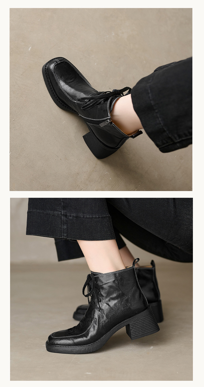 Boot nữ mũi vuông dây buộc da dê cao gót cổ ngắn lót nhung — Lớp lót nhung đen chi tiết 7