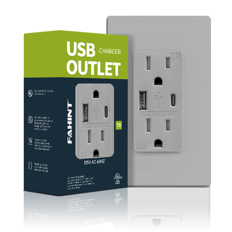 USB+USB-C双联壁式充电插座15A 125V灰色插座 带TR保护