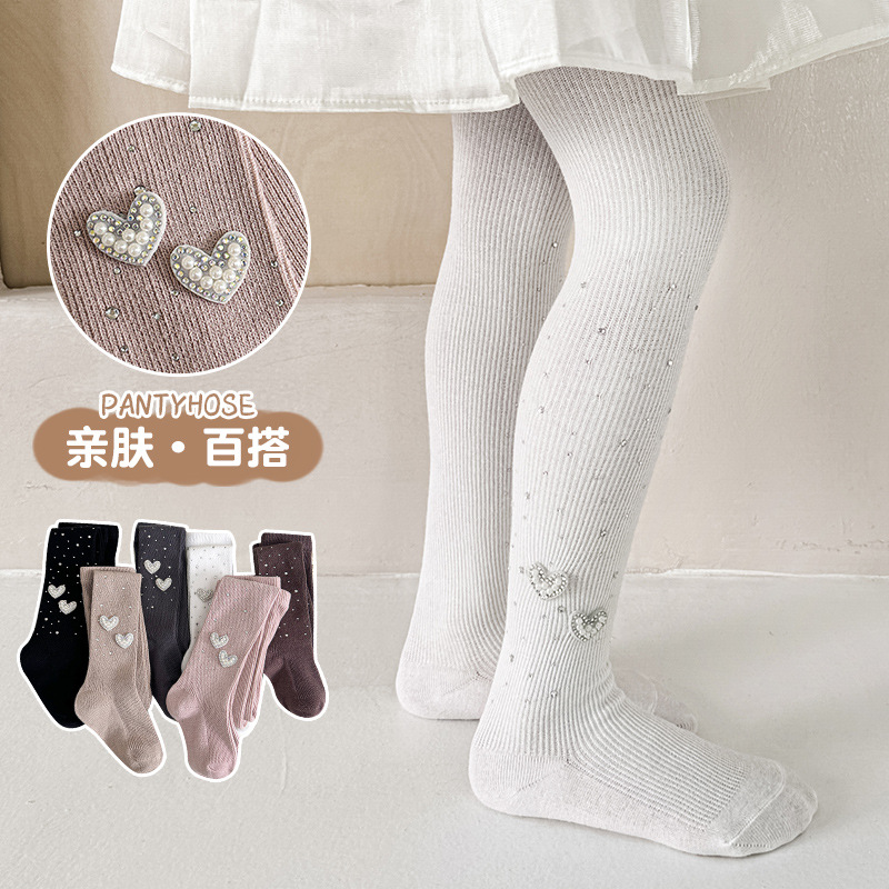 女童精梳棉连裤袜水钻闪亮爱心儿童女孩春秋打底裤袜宝宝