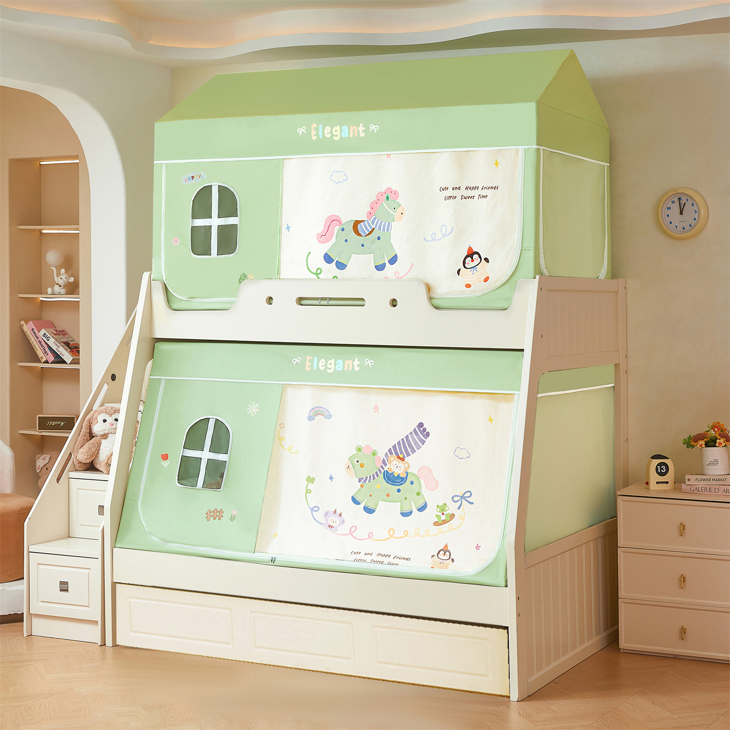 Cama de tipo A con ventanas de dibujos animados para niños y niñas, cama de mosquiteros reforzada para evitar la caída de la cama cortina de cama para niños y niñas