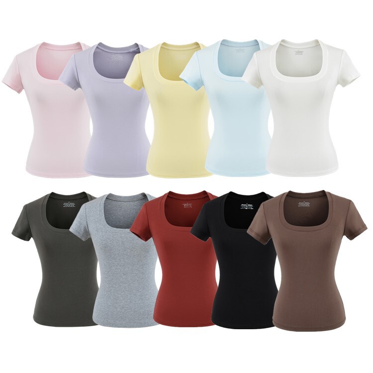 Lyocell American-Style Solid Color Regular Shoulder U-Neck Short-Sleeve T-Shirt for Women, Summer 2025, Slim-Fit V-Neck Multi-Color Top Wholesale