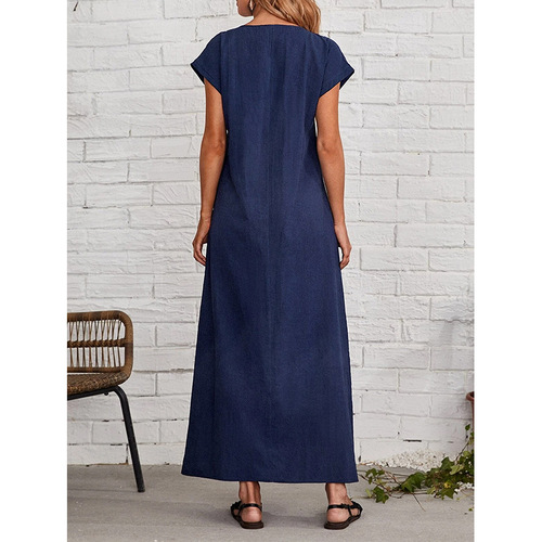 Summer European and American-style minimalist women's clothing: Round-neck, short-sleeve, loose-fitting, casual, long-length solid-color dress