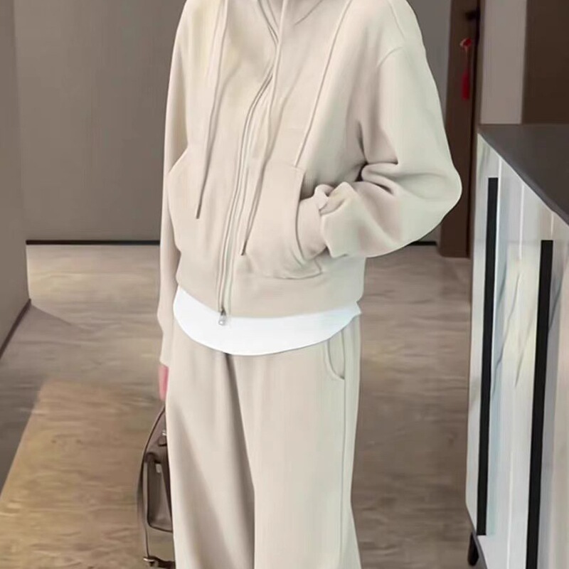 网红时尚运动服套装女秋冬加绒加厚连帽卫衣阔腿裤休闲两件套跑步|undefined