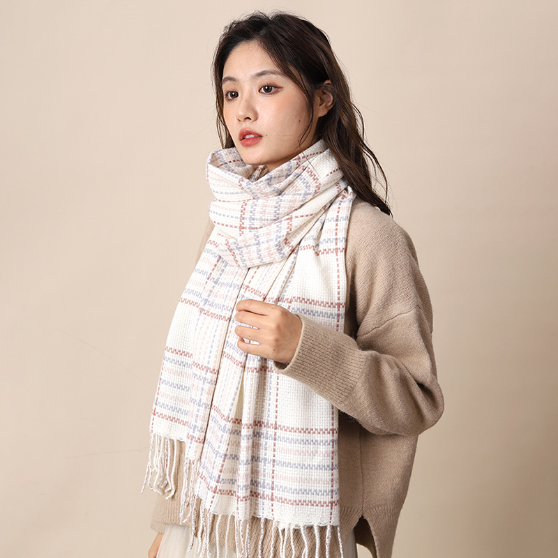 Elegant woven style cashmere 2024 new plaid women's winter Korean version versatile white student scarf_voghion.com