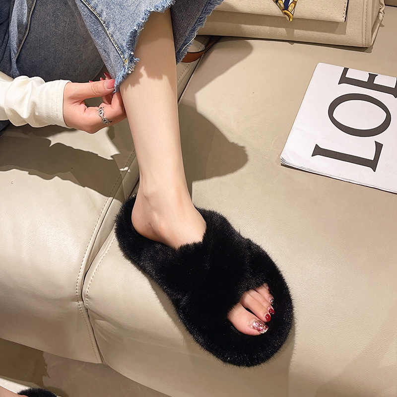 レディー! 暖かい4本のクロス毛付きスリッパ滑り止め超大サイズのベルベット靴家庭の透かし彫りカジュアルスリッパ|undefined