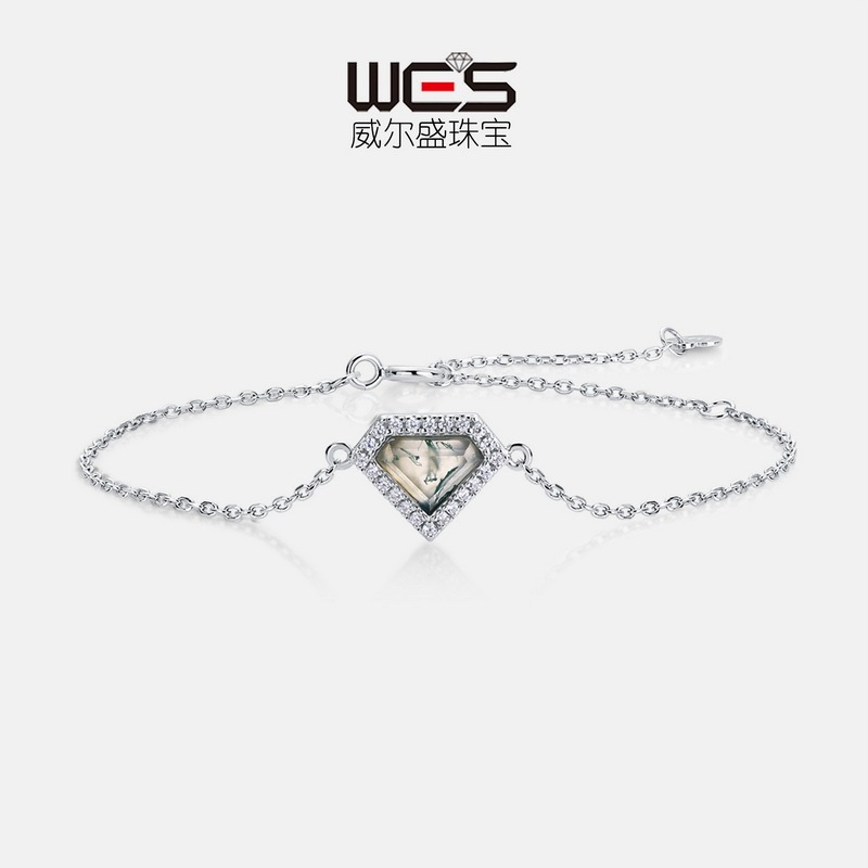 Amazon Cross-Border Special Geometric Design Natural Water Grass Agate Bracelet S925 Silver Inlaid Green Moss Stone Bracelet Accessible Luxury