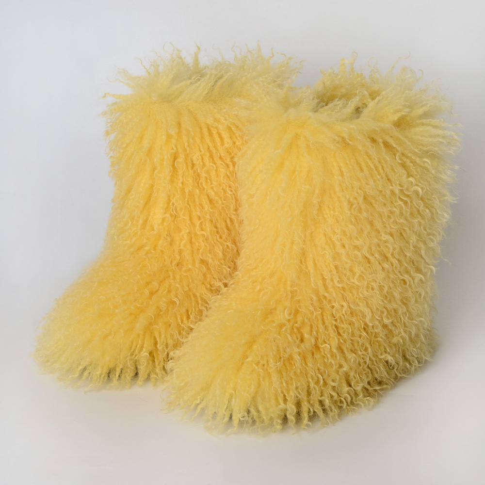 YELLO PAOTU FAUX FUR BOOTS Yellow Furry Lined Boots For Women With