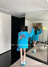 专柜新款I Tᵏᴾ24SS梵文字母涂鸦蓝色长袖t恤潮牌宽松情侣上衣女