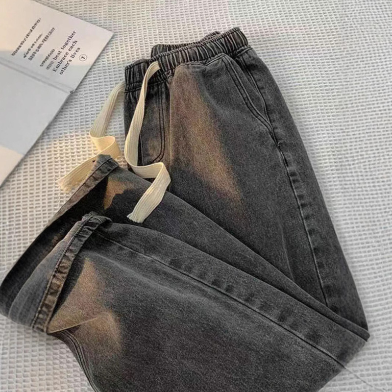 Hong Kong Style Casual Ins Solid Color Straight Leg Wide-leg Jeans with Loose Waist X Drawstring Design Pendant All-match Pants for Girls
