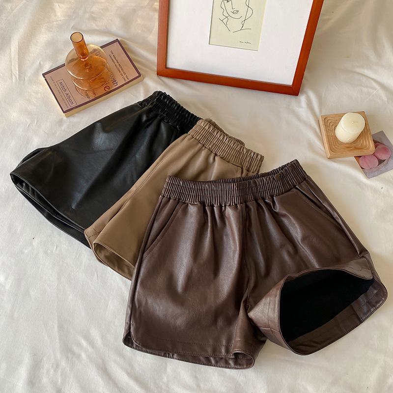 Autumn and Winter All-match Straight Casual Pants Women's Short Loose Wide-leg Shorts with High Waist and High-waist Curry Color PU Leather Boot Pants Autumn and Winter All-match Straight Casual Pants Women's Short Loose Wide-leg Shorts with High Waist and High-waist Curry Color PU Leather Boot Pants