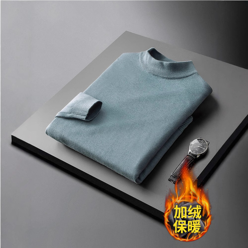 New Wholesale Men's Winter Slim-fit Warm fleece-lined Sweater Men's Half-turtleneck Solid Color Sweater Knitwear