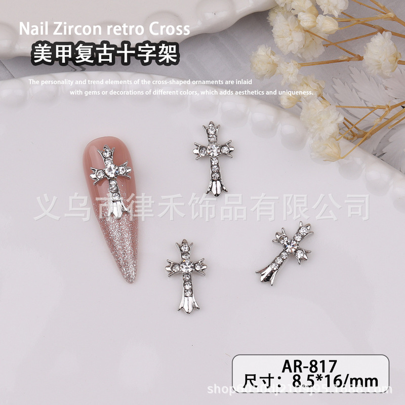 国境を越えた人気のダーククローハートダイヤモンドクロス合金ネイルアートジュエリーパンクネイルダイヤモンドジュエリーネイルアート卸売|undefined