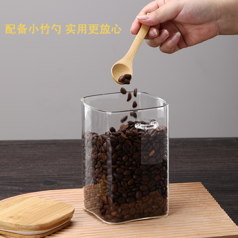 Tarro de almacenamiento cuadrado tapa de bambú sellado tarro de cocina granos dulces tarro de té tarro de almacenamiento de vidrio para el hogar