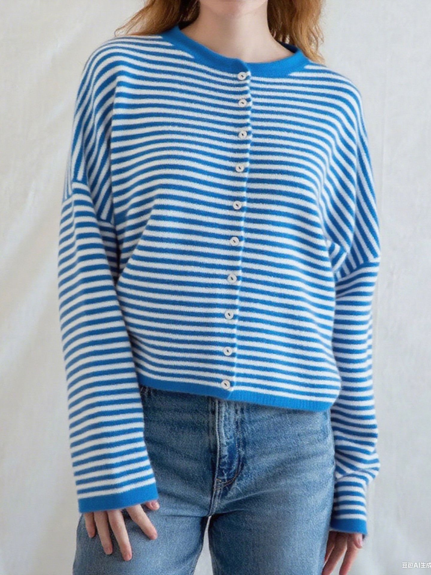 Women's Knit Striped Cardigan Casual Long Sleeve Round Neck Button Sweater Autumn Winter American Style Acrylic Polyester_ecoleips.com