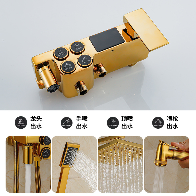 Decoración del hogar cobre dorado ducha de agua fría y caliente boquilla de refuerzo baño pantalla digital inteligente ducha de temperatura constante conjunto