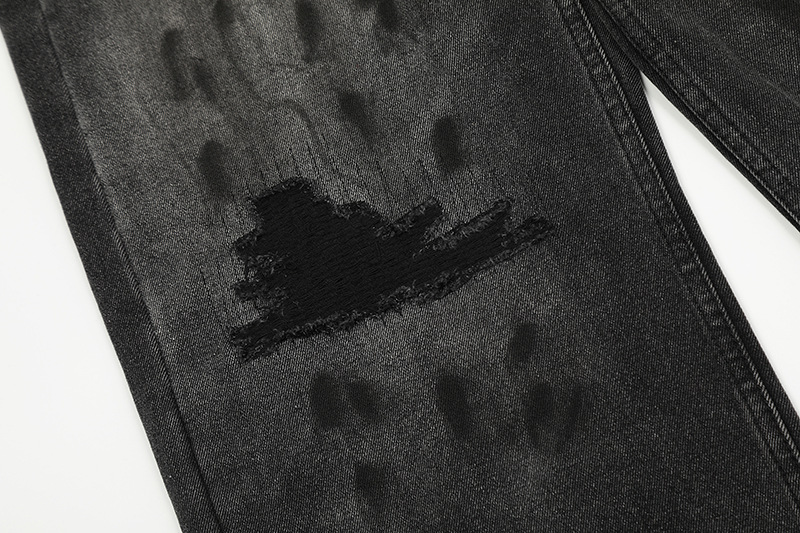 Unisex High Street Distressed Whiskered Ripped Black Jeans American Style Vibe Washed Straight Leg Slightly Flared Hip Hop Floor Length Pants_mkmklike.com
