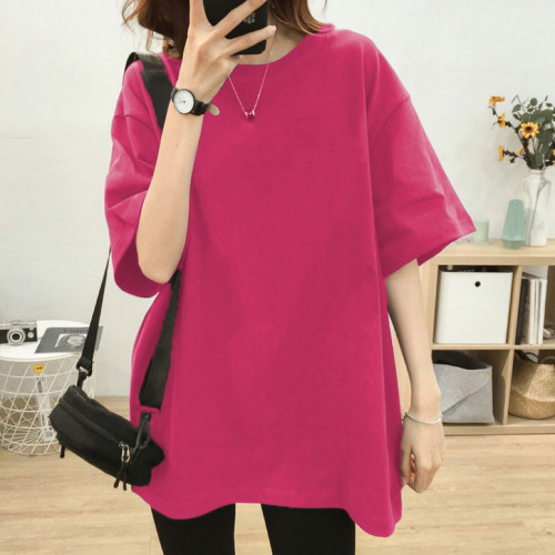 200g pure cotton mid-length t-shirt for plus-size women's summer  loose solid color short-sleeved T-shirt for men and women trendy
