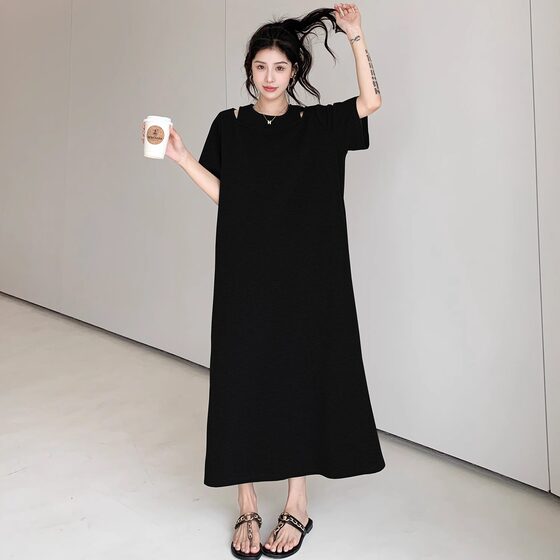 South Korea Lazy Style T-shirt dress Women's Summer Elegant Shoulder plus size Slimming Ultra-long Knee-length dress Dress