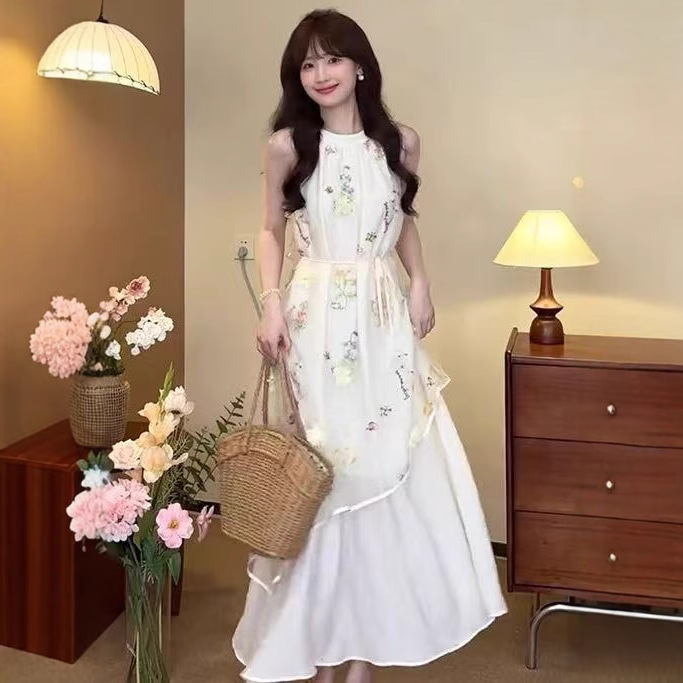 Women's Summer Halter Neck Mesh Embroidered Dress Women's Skirt Long Skirt High-End Seaside Atmosphere