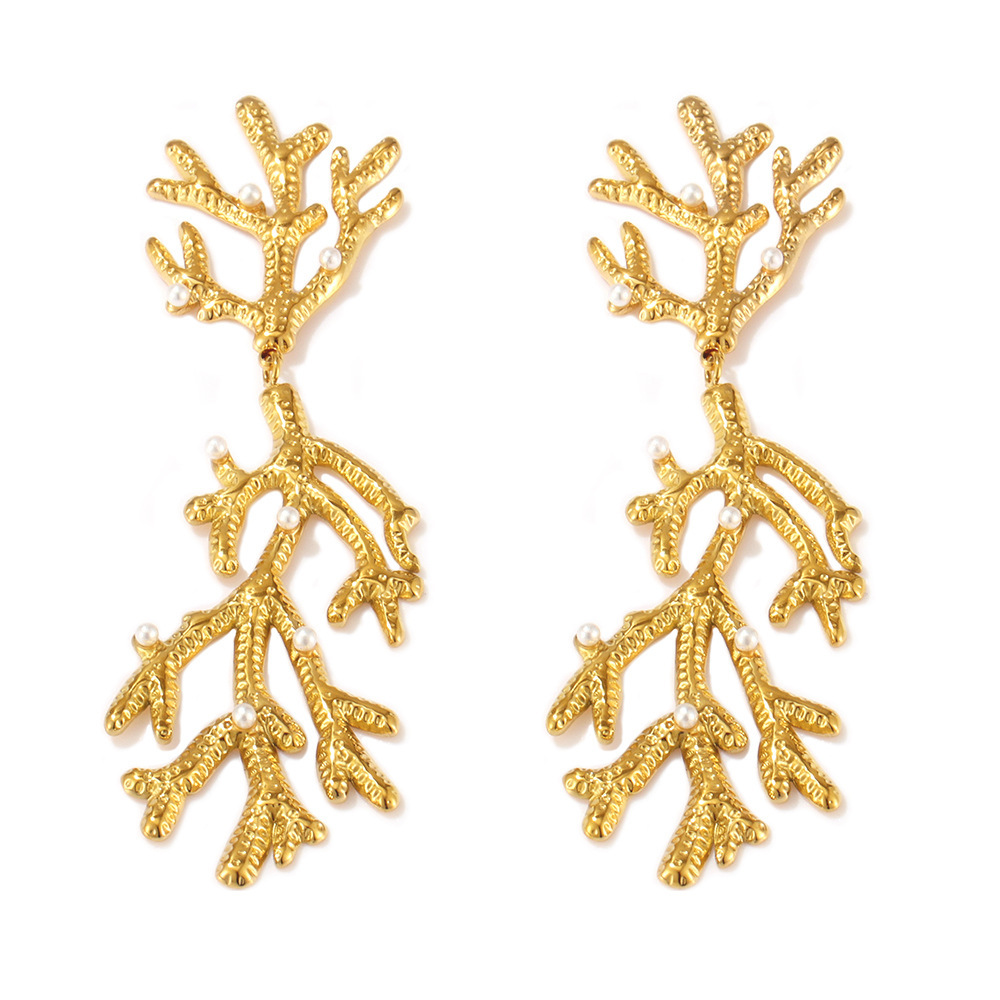 Square Sugar Exaggerated Pearl Texture Coral Shaped Fashionable Earrings Women's Stainless Steel Earrings_voghion.com