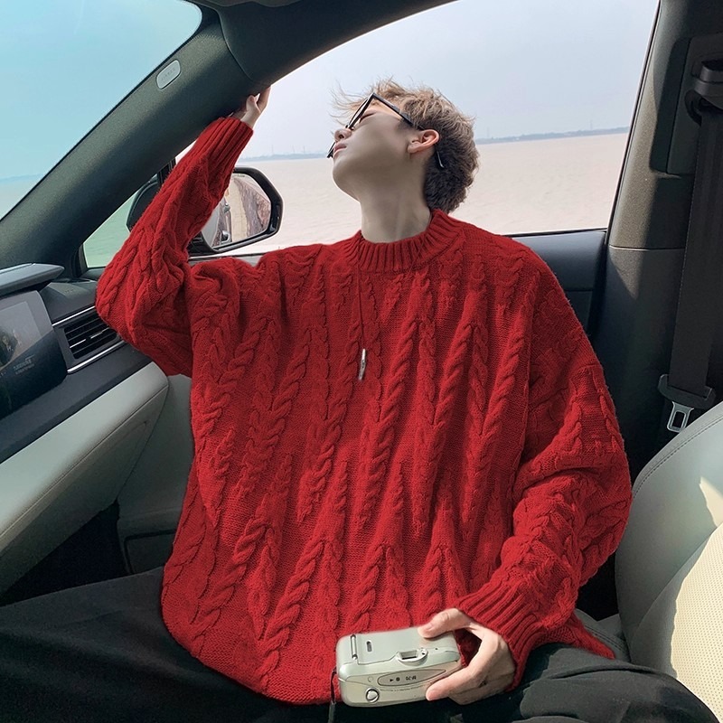 American-Style Lazy Round Neck Cable Knit Sweater for Men, Autumn Oversized Trendy Brand Design Jacket