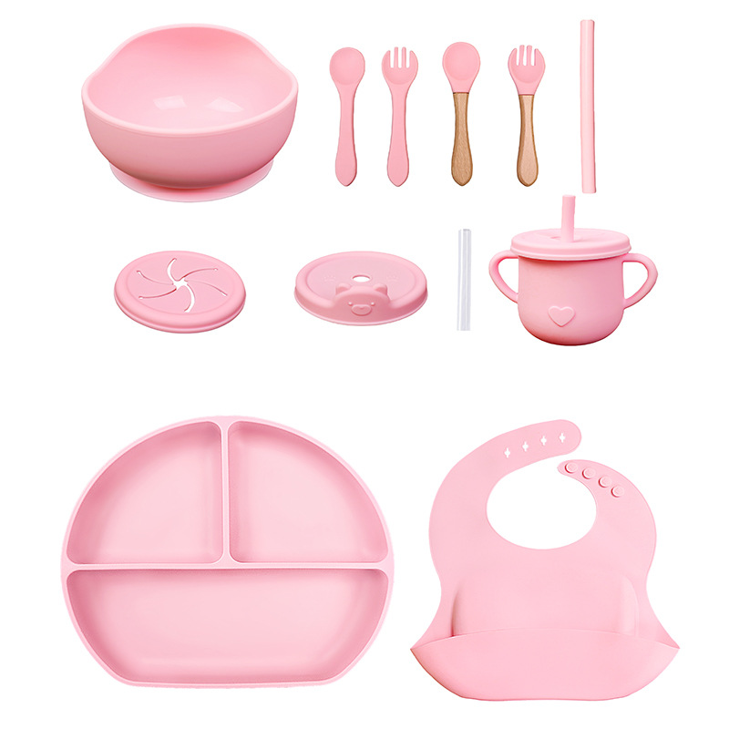Conjunto de cubiertos para niños tazón de alimentos suplementarios platos de silicona tazón de cuchara de tenedor bib taza de agua de grado alimenticio para bebés alimentación suplementaria